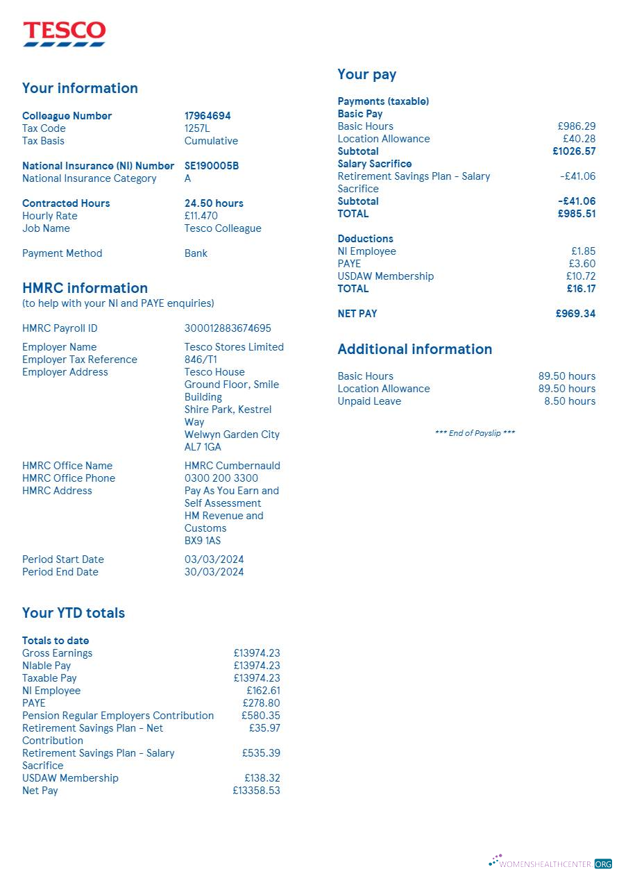 Download United Kingdom Tesco Stores payslip template in Word and PDF formats.pdf, 2 Photoshop template